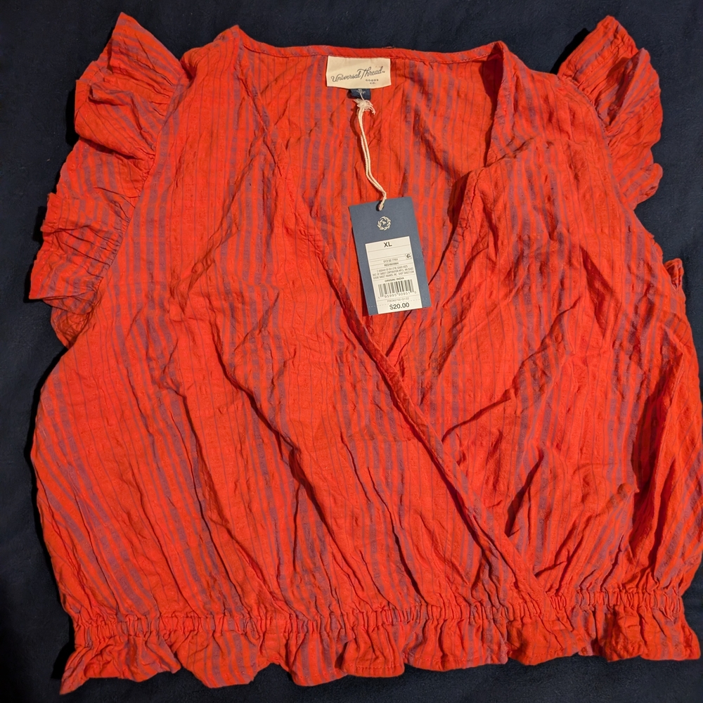 Women's Striped Ruffle Top - Orange and Blue